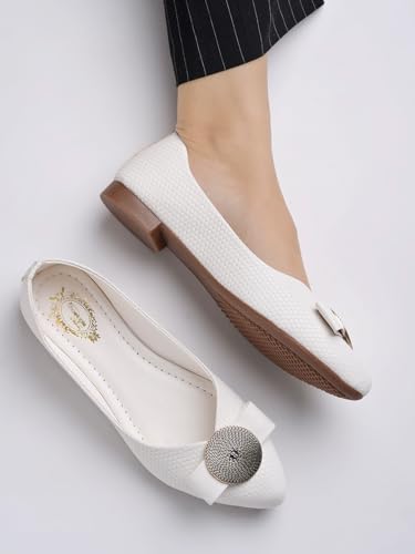 Image of Shoetopia Women's Ballet Flats - Textured Slip-On Bellies with Decorative Bow & Gold Button | Elegant Casual & Office