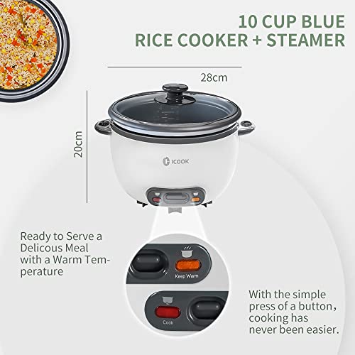 Icook 10-Cup Uncooked 20-Cup Cooked Rice Cooker1.8L Grains,Oatmeal,Cereals Cooker,Rice Warmer Steamer,Large Rice Cooker Removable Nonstick Pot,Full View Glass Lid,White #TOP4