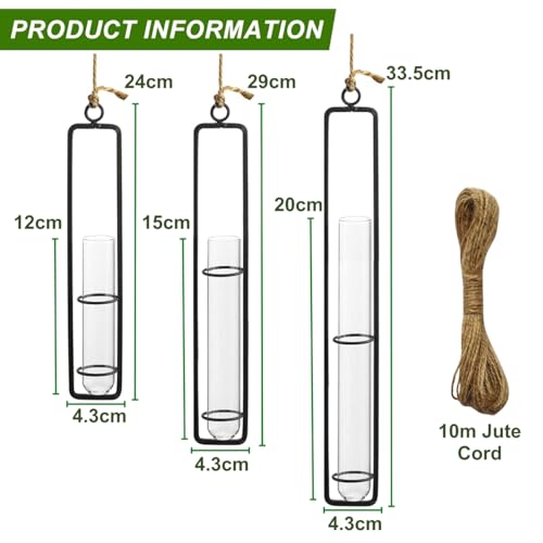 ecofynd Pack of 3 Metal Wall Hanging Test Tube Planter, Air Planter Flower Bud Vase Holder with 3 Test Tube for Indoor & Outdoor, Home Decor Hydroponic Plant Stand for Living Room, Office (TTP011)