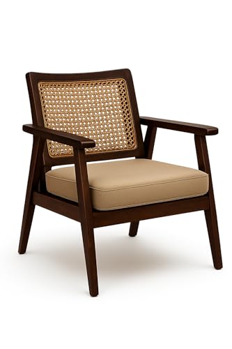 Image of Solid Wood Cane Lounge Chair | Handcrafted Wooden Armchair with Cushioned Seat | Premium Mid-Century Modern Accent Chair for Living Room, Balcony & Bedroom Walnut Finish