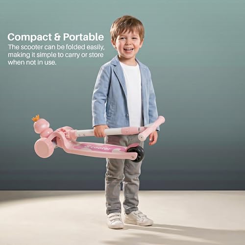Image of Baybee Dino Crown Kick Scooter for Kids | 3 Wheel Kick Scooter with RGB LED Wheels & Music | 3 Height Adjustable Handle & Rear Brake | Foldable Scooter for Kids 3 to 8 Years Boys & Girls (Lite Pink)