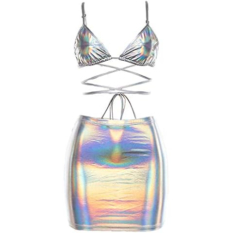 Flyrose Women's Shiny Metallic 2 Piece Outfits Set Clubwear Strapless Bandeau Tube Bra Top Mini Skirt, Style-2, Small Cover