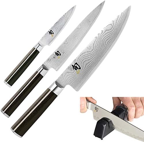 Shun DMS300 Cutlery Classic 3-Piece Starter Set; 8" Multi-Purpose Chef's Knife, 3.5" Paring Knife and 6" Utility Knife & Kai Diamond and Ceramic Retractable Knife Sharpener (Bundle)