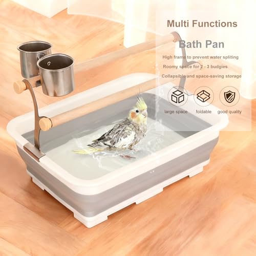Image of Bird Desktop Shower Perch with Bucket, Training Stand with Collapsible Plastic Tray Two Perches Double Feeder Cups, Table Bath Perches for Small to Medium Sized Parakeet Cockatiel Conure Budgies