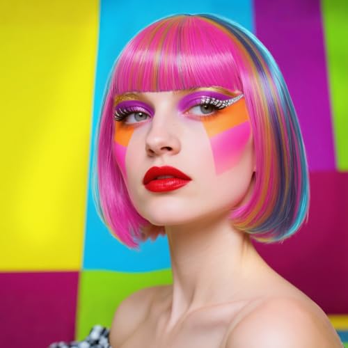 Image of ANOGOL Hair Cap + (Sunglasses) Rainbow Wig Blue Pink Bob Wig with Bangs Womens Party Wigs with Sunglasses Short Neon Wig Daily Party Fun Wigs Women Halloween Costume Pride Day Bachelorette Hair
