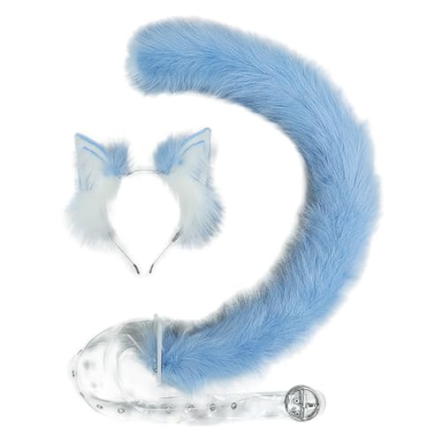 Faux Fur Cat Ear Headband & Tail Set Furry Tail with Clear Waistband Aninal Ears for Halloween Cosplay Costume (Blue)