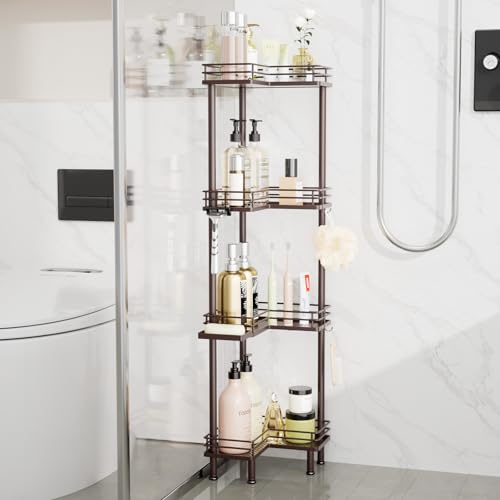 Image of Consumest Corner Shower Caddy Standing - 4-Tier Stainless Steel Shower Organizer with Soap Holder and 4 Hooks, Large Capacity Corner Shelf Stand for Bathroom, Rest Room, Bronze