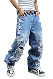 MZNBURAM Men's Non-Stretch Relaxed Fit Wide-Leg Baggy Jeans Pants (32, G#Light Indigo)