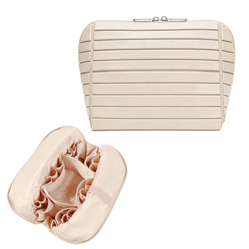 Travel Makeup Organizer Bag with Fold-Down Design and Adjustable Dividers 27 Pockets & 3 Brush Storage Holders Large Capacity Cosmetic Bags Toiletry Case - White
