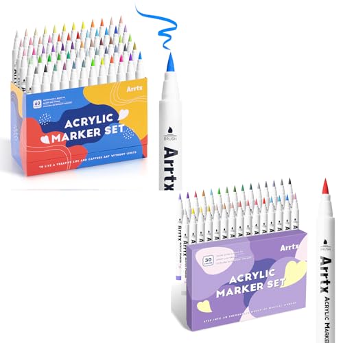 Arrtx The 90Pcs inlude 60A&30A Acrylic Paint Pens, Paint Markers Paint Pens, Brush Tip for Rock Painting, Canvas, Stone, Ceramic, DIY Crafts Making Art Supplies-with Neon & Metallic & Regula