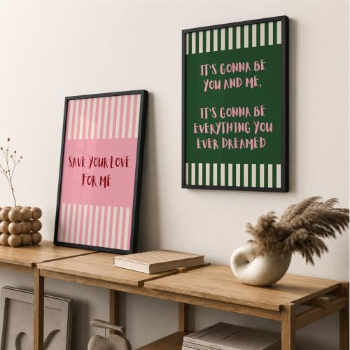 Image of Suneree Aesthetic Quote Wall Art Set of 2 Framed Paintings | Pink Green Striped Typography Poster | Couple Bedroom Living Room Home Decor (Art 16, 13x19 Inches)