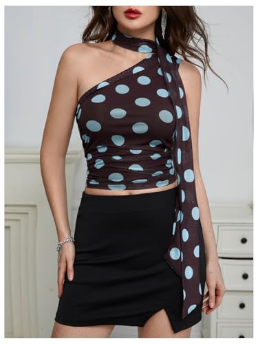 Image of RoseSeek Women's Y2K Leopard Polka Dots Halter Asymmetrical Neck Crop Tops | One Shoulder, Slim Fit, Sleeveless, Cheetah Print, Summer Tops, Scarf Tops, Party, Going Out Tops