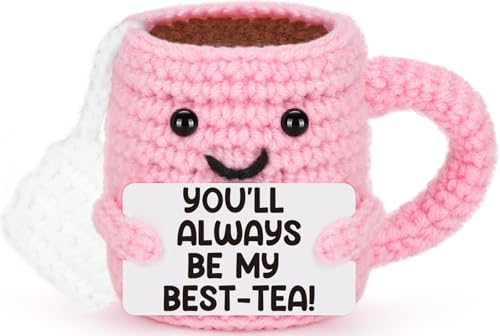 Funny Teacup Best Friends Friendship Gifts for Friend Bff Women, Mothers Day Birthday Long Distance Gifts for Besties Her Female Soul Sister, Cute Small Handmade Emotional Crochet Tea Cup Desk Decor