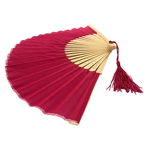 Image of Fabric Handheld Folding Hand Fan With a Tassel Grade A Bamboo Ribs for Women Girls Summer Party Event Favor Birthday Wedding Souvenir Gift (Deep Pink)