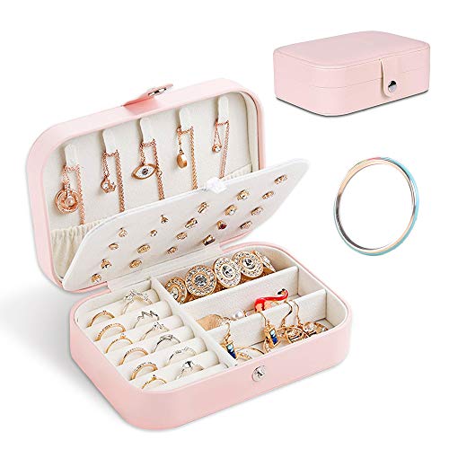 Jewelry Organizer Box For Necklace Earring Rings Travel Jewelry Organizer With Double Layer design Jewelry Box for Women&Girls with Mini Mirror (Pink)