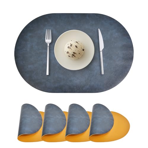 Oval Placemats Set of 4, Faux Leather Place Mats for Dining Table Dual Sided Placemats Heat Resistant Washable Wipeable Table Mats for Indoor Outdoor, Blue/Yellow