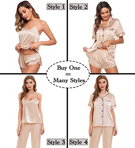 Image of SWOMOG Womens Silk Satin Pajamas Sets 4pcs Sleepwear Sexy Cami Shorts Set and Button Down Short Sleeve Pjs Loungewear