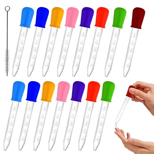 15 PCS Liquid Droppers Silicone, 5ml Clear Medicine Eye Dropper for Kids, Silicone and Plastic Pipettes with Bulb Tip & Clean Brush & Scale for Candy Mold, Gummy Bear, Crafts Projects (8 Colors)