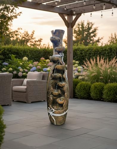 Image of Indoor Outdoor Water Fountain 45 INCH | Tall Vase Style 7-Tier Cascading Waterfall Fountain with LED Lights & Water Pump for Home, Garden & Office Decor