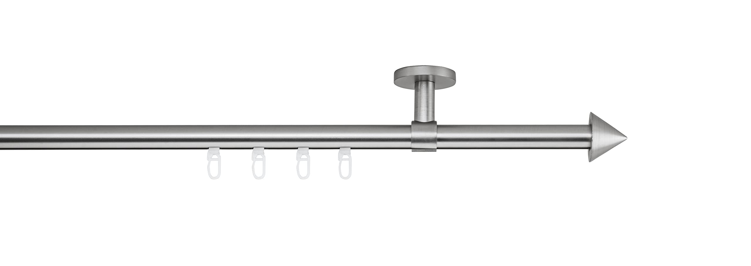Gardinenstange auf Maß Innenlauf 20mm Spitze 1-lauf Vorhangstange Deckenträger 4cm Stilgarnitur mit Gleiter für Vorhänge Edelstahl-Optik 230cm