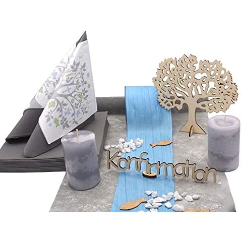 ZauberDeko Tischdeko Kommunion Konfirmation Blau Hellblau Grau Weiß Baum Set 20 Personen Cover