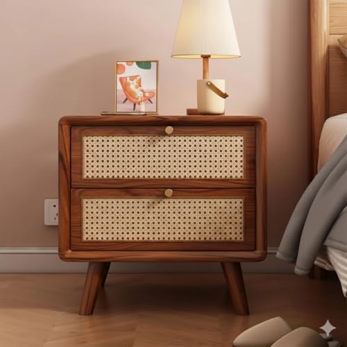 Image of MISAN Boston Solid Wood Bedside Table with Rattan Drawers Mid Century Night Stand for Living Room | Cane Mid Century Modern Side Table with 2 Drawers-Multipurpose use for Living Room, Bedroom (Z-Hony)