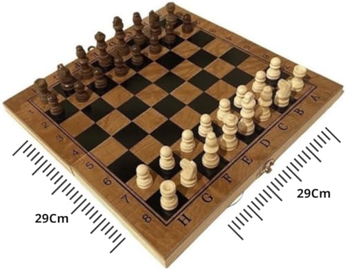 Jogo de Xadrez Maleta 3 em 1 de Madeira - Tabuleiro Portátil de 29cm com Xadrez, Dama e Gamão - Conj