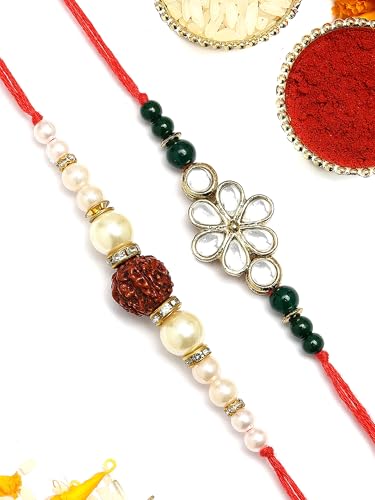 Image of Karatcart Rakhi for Brother Gold-Plated Kundan Rakhi Set of 2 with Roli Chawal