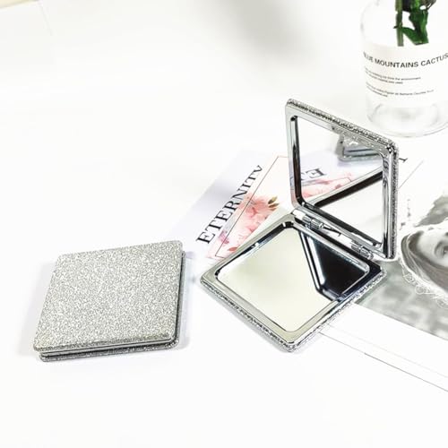 mpowtech Square Silver Compact Mirror for Women,Small Magnifying Travel Mirror with Glitter,Portable 2 x 1x Magnification Folding Pocket Makeup Mirror Cosmetic Mirror for Gift Travel Essentials
