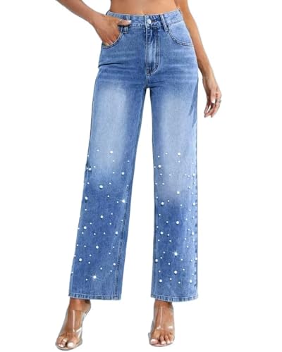 Pearl Jeans for Women High Waisted Straight Wide Leg Denim Pants Casual Baggy Boyfriend Trousers
