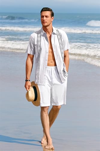 Mens Short Sleeve Guayabera Shirts Linen Cotton Button Down Mexican Embroidered Cuban Wedding Shirt Summer Tops