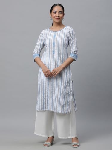 Image of Aurelia Women's Muted Marmalade Stripes Yarn Dyed Seer Sucker Slub Stripe Straight Kurta