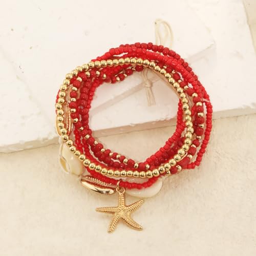 Image of Shell Anklets Bracelet for Women Waterproof Surfer Starfish Bracelet Puka Shell Anklet Colorful Boho Stack Stretch Bead Bracelet Set Hawaii Summer Beach Vacation Foot Jewelry