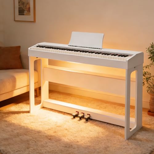 GLARRY E Piano 88 Tasten, vollgewichtete Tastaturen Digitalpiano mit Klavierständer, Dual Bluetooth, 3-Pedal-System, Kopfhörer – für Anfänger und Fortgeschrittene, Weiß