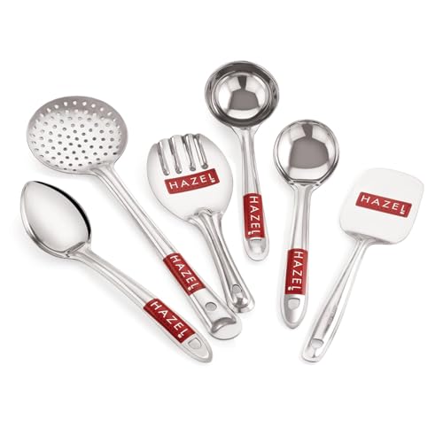 Image of HAZEL Stainless Steel Kitchen Tools Set of 6 - Diwali Gifts: Zara, Rice, Pastry, Ladle, Oval, and Pan Spoon for Festive Cooking