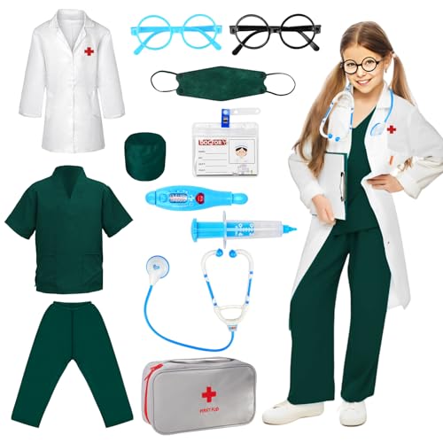 Kostium lekarza dla dzieci, biały, fartuch lekarski dla dzieci, uniseks, długi rękaw, fartuch laboratoryjny, górna część i spodnie ze stetoskopem, zestaw zabawek dla chłopców i dziewczynek, zestaw