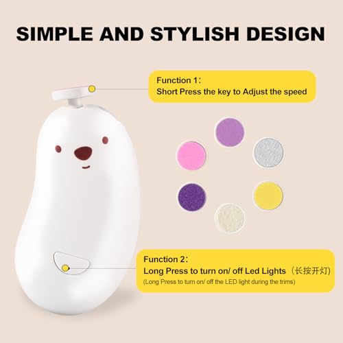 Baby Nail File Electric, Gentle Rechargeable Nail Trimmer, Baby Nail Clippers Grooming Kit Manicure Set for Infant Toddler or Adults, 6 Grinding Head Replacement Pads White - Image 5