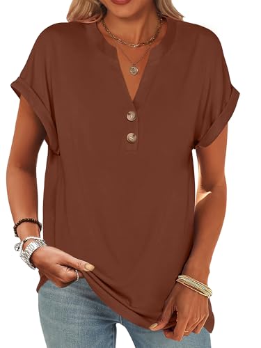 Image of ANRABESS Womens Short Sleeve Henley Tops V Neck Dressy Casual Blouses Summer Trendy Tee Shirts 2026 Vacation Fashion Clothes