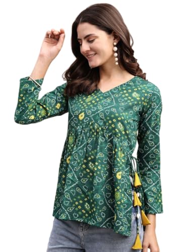 Image of MAHIRA'S Women's Short Kurti, Black Rayon Tunic Top with Embroidered Sleeves, 3 /4 Designer Sleeves