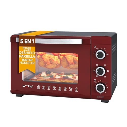 WOLTU Horno Electrico Sobremesa 32L con Parrilla, 4 Elementos Calefactores, Temporizador de 60 minutos, Temperatura 100-230°C, 1600W, Puerta de Doble Acristalamiento, Rojo+Negro