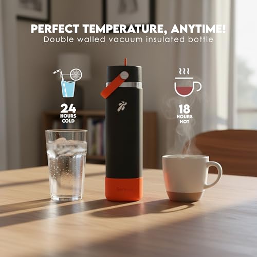 Image of VBOTT GENFLASK-Ozil -800 ml|Thermosteel Flask with Straw Sipper & Carrying Loop| SS 304 Water Bottle|Hot /Cold-18 /24 hrs|Insulated Bottles|Dark Grey /Orange Colour|Multipurpose