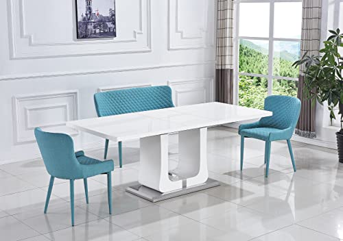 Knocbel Contemporary Extendable Dining Table With Tempered Glass Top, Kitchen Dining Room Rectangular Table With U-Shaped Base, High Gloss Finish, Standard Height (White With Chrome) #TOP7