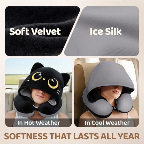 Image of Mewaii Travel Neck Pillow, Airplane Pillow with Hood, Memory Foam, Gray | Neck Support, Reversible, Adjustable Strap, Washable Cover, Cat-Ear Hood, Storage Bag, for Flights, Adults & Teens