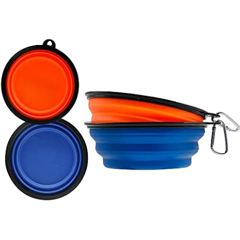 Sunlotus 2 Pack 650ml Collapsible Dog Bowl Portable Feeder for Dog Pet Food Water Bowl for Dog and Cat Extendable Pet Feeding Silicone Bowl with Hook (Blue+Orange) Cover
