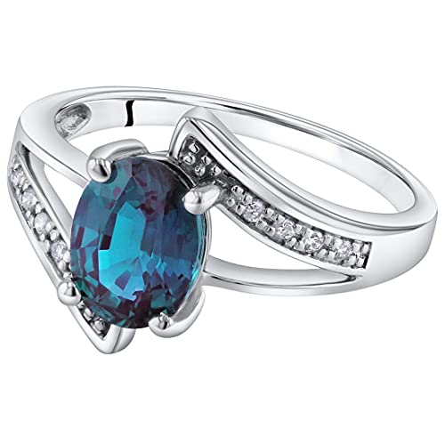 Peora Created Alexandrite And Genuine Diamond Solitaire Bypass Ring For Women 14K White Gold, Color Changing 1.50 Carats Oval Shape 8X6Mm, Size 5 #TOP2