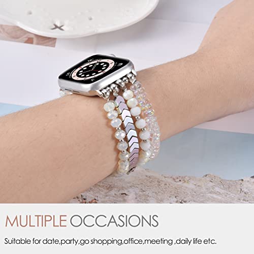 Image of MOFREE Beaded Bracelet Compatible with Apple Watch Band 38mm /40mm /41mm /42mm, Fashion Elastic Stretch Women Bands for iWatch Series 11 /10 /9 /8 /7 /SE /6 /5 /4 /3 /2 /1 iPhone Watch Strap Bands Iridescence
