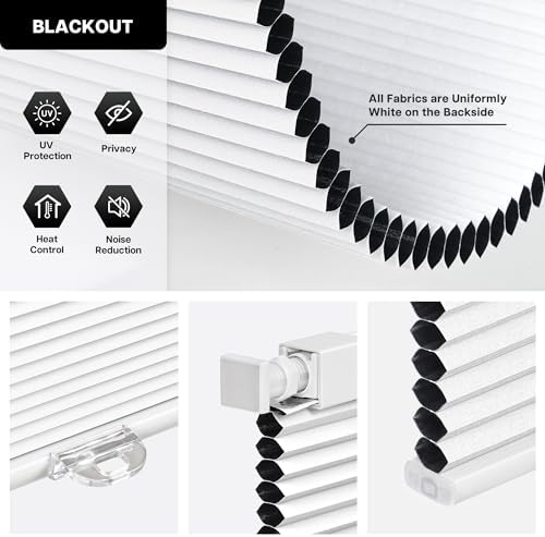 LazBlinds Cordless Cellular Shades, No Tools No Drill Blackout Honeycomb Shades Pleated Blinds for Windows, 34" W x 64" H, Silver White - 2