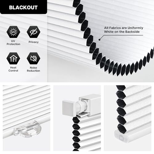 LazBlinds Cordless Cellular Shades, No Tools No Drill Blackout Honeycomb Shades Pleated Blinds for Windows, 28" W x 64" H, Silver White