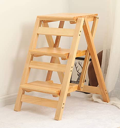 Folding Wooden Stool Chair for Home Kitchen Lightweight Portable Stairway Ladder with Storage Indoor Dual Use Foot Stool for Climbing Sturdy and Durable Structure
