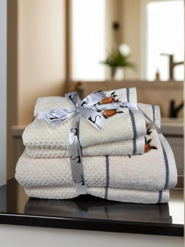 Image of SENSES By Riba Cotton Embroidered Towel Set, 550 GSM Soft & Absorbent, Antimicrobial, Oeko-Tex Certified | Ideal for Home & Gifting, Pack of 4 (2 Bath 27 inchX50 inch + 2 Hand Towels 16 inchX26 inch) - Style 15